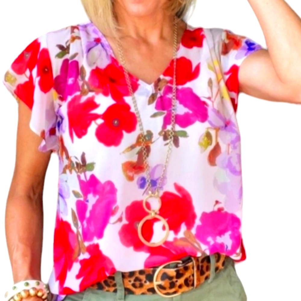 CAbi Top 4347 Passion Blouse Tunic Floral Sheer Ruffle Cap Short Sleeve  Pink L